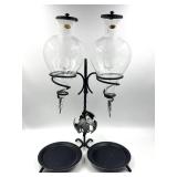 Handmade in Austria - Dual Grapevine Etched Glass Decantors with Leaf Motif Iron Stand