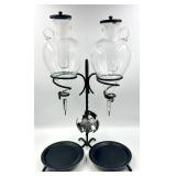 Handmade in Austria - Dual Grapevine Etched Glass Decantors with Leaf Motif Iron Stand