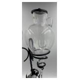 Handmade in Austria - Dual Grapevine Etched Glass Decantors with Leaf Motif Iron Stand