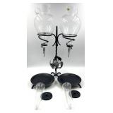 Handmade in Austria - Dual Grapevine Etched Glass Decantors with Leaf Motif Iron Stand