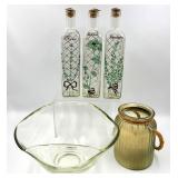 Herb Bottle Set - Thyme Basil Tarragon - Clear Glass with Hand Painted Lattice Pattern, Glass Bowl and Citronella Outdoor Candle