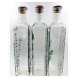 Herb Bottle Set - Thyme Basil Tarragon - Clear Glass with Hand Painted Lattice Pattern, Glass Bowl and Citronella Outdoor Candle