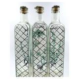 Herb Bottle Set - Thyme Basil Tarragon - Clear Glass with Hand Painted Lattice Pattern, Glass Bowl and Citronella Outdoor Candle