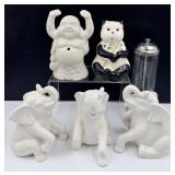 White Ceramic Asian Inspired Tiki Mugs Set - Elephants, Panda & Laughing Buddha (Lot of 6)