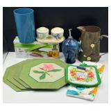 Spring Floral Placemat Set, Salt & Pepper Shakers, Onion Chopper Box, Floral Towels & Decorative Pitcher