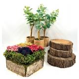 Artificial Floral Arrangement in Bark-Textured Planter with Moss & Log Slices & Faux Miniature Trees