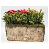 Artificial Floral Arrangement in Bark-Textured Planter with Moss & Log Slices & Faux Miniature Trees