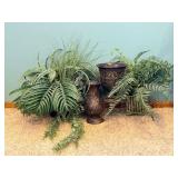 Embossed Metal & Ceramic Planter Vase/Pots with Foliage Motifs & Faux Ferns