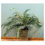Embossed Metal & Ceramic Planter Vase/Pots with Foliage Motifs & Faux Ferns
