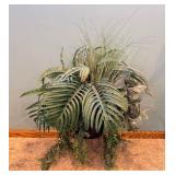 Embossed Metal & Ceramic Planter Vase/Pots with Foliage Motifs & Faux Ferns