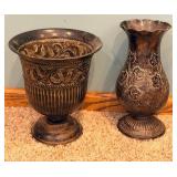 Embossed Metal & Ceramic Planter Vase/Pots with Foliage Motifs & Faux Ferns