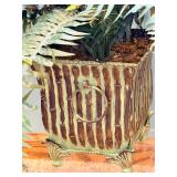 Embossed Metal & Ceramic Planter Vase/Pots with Foliage Motifs & Faux Ferns