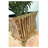 Embossed Metal & Ceramic Planter Vase/Pots with Foliage Motifs & Faux Ferns