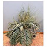 Embossed Metal & Ceramic Planter Vase/Pots with Foliage Motifs & Faux Ferns