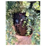 Embossed Metal & Ceramic Planter Vase/Pots with Foliage Motifs & Faux Ferns
