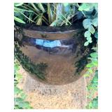 Embossed Metal & Ceramic Planter Vase/Pots with Foliage Motifs & Faux Ferns