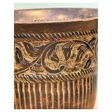 Embossed Metal & Ceramic Planter Vase/Pots with Foliage Motifs & Faux Ferns