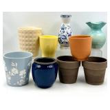 Assorted Ceramic/Clay Vases & Planters - Delft Blue & White, Teal Glaze, Yellow, Terracotta