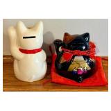 Meows Maneki Neko Ceramic Cats White & Black - 2-Pc Set