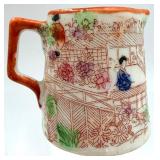 Vintage Kotani Biscuit Jar with Lid & 2 Kutani Tea Cups with Saucers & Creamer - Made in Japan Porcelain Floral  Figure Scene