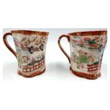 Vintage Kotani Biscuit Jar with Lid & 2 Kutani Tea Cups with Saucers & Creamer - Made in Japan Porcelain Floral  Figure Scene