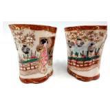 Vintage Kotani Biscuit Jar with Lid & 2 Kutani Tea Cups with Saucers & Creamer - Made in Japan Porcelain Floral  Figure Scene