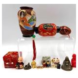 Assorted Miniature Asian Figurines & Lanterns - Buddha Statues, Maneki-Neko Cats, Kokeshi Dolls