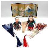 Vintage Japanese Decor Set -2 Hina Dolls & Mt Fuji Folding Screen with 3 Hand Fans