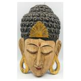 Buddha Head Wooden Hanging Sculpture - Hand-Carved with Black Hair & Gold Crown
