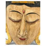 Buddha Head Wooden Hanging Sculpture - Hand-Carved with Black Hair & Gold Crown