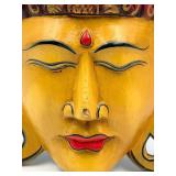 Indonesian Buddha Head Sculpture - Hand-Carved Wood with Gold Finish & Red Accent