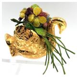 Holley Ross 22K Gold Swan Vase - Beaded Floral Bouquet