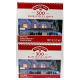 Holiday Time Blue Icicle Lights 300 - 19 ft Total (2 Boxes) & Glass Decor
