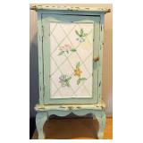 Vintage Hand Painted Wood Cabinet  - Distressed Blue Finish & Lattice Door