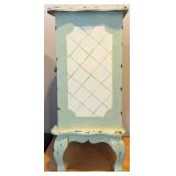 Vintage Hand Painted Wood Cabinet  - Distressed Blue Finish & Lattice Door