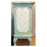 Vintage Hand Painted Wood Cabinet  - Distressed Blue Finish & Lattice Door