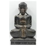 Buddha Statue - Seated Meditation Figure, Dark Patina, Carved Pedestal Made in Indonesia