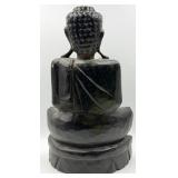 Buddha Statue - Seated Meditation Figure, Dark Patina, Carved Pedestal Made in Indonesia