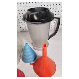 Assorted Wax and Soap Preparation Items including Aluminum Pitchers, Glass Bottles, and Funnels