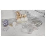 Lot of Various Plastic Containers and Bath Accessories such as clear cups, lids, loofahs, and bath sponges