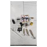 Lot of Home Decor and Craft Items including Feather Hooks, Candles, and Glass Jars