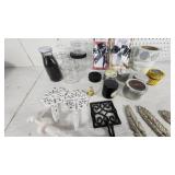 Lot of Home Decor and Craft Items including Feather Hooks, Candles, and Glass Jars