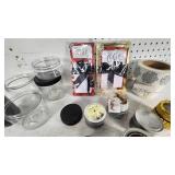 Lot of Home Decor and Craft Items including Feather Hooks, Candles, and Glass Jars