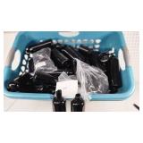 Black Bullet Cosmo Round Bottles with Some Pump Dispensers - Bottles about 7" Tall - 38 Bottles, Dispensers Not Counted