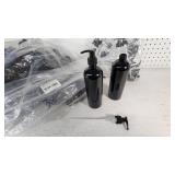 Black Bullet Cosmo Round Bottles with Some Pump Dispensers - Bottles about 7" Tall - 38 Bottles, Dispensers Not Counted
