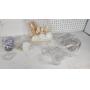 Lot of Various Plastic Containers and Bath Accessories such as clear cups, lids, loofahs, and bath sponges