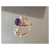 14K Yellow Gold Amethyst and Diamond Cocktail Ring ~ 5.5