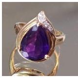 14K Yellow Gold Amethyst and Diamond Cocktail Ring ~ 5.5