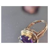 14K Yellow Gold Amethyst and Diamond Cocktail Ring ~ 5.5