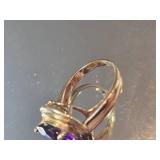 14K Yellow Gold Amethyst and Diamond Cocktail Ring ~ 5.5